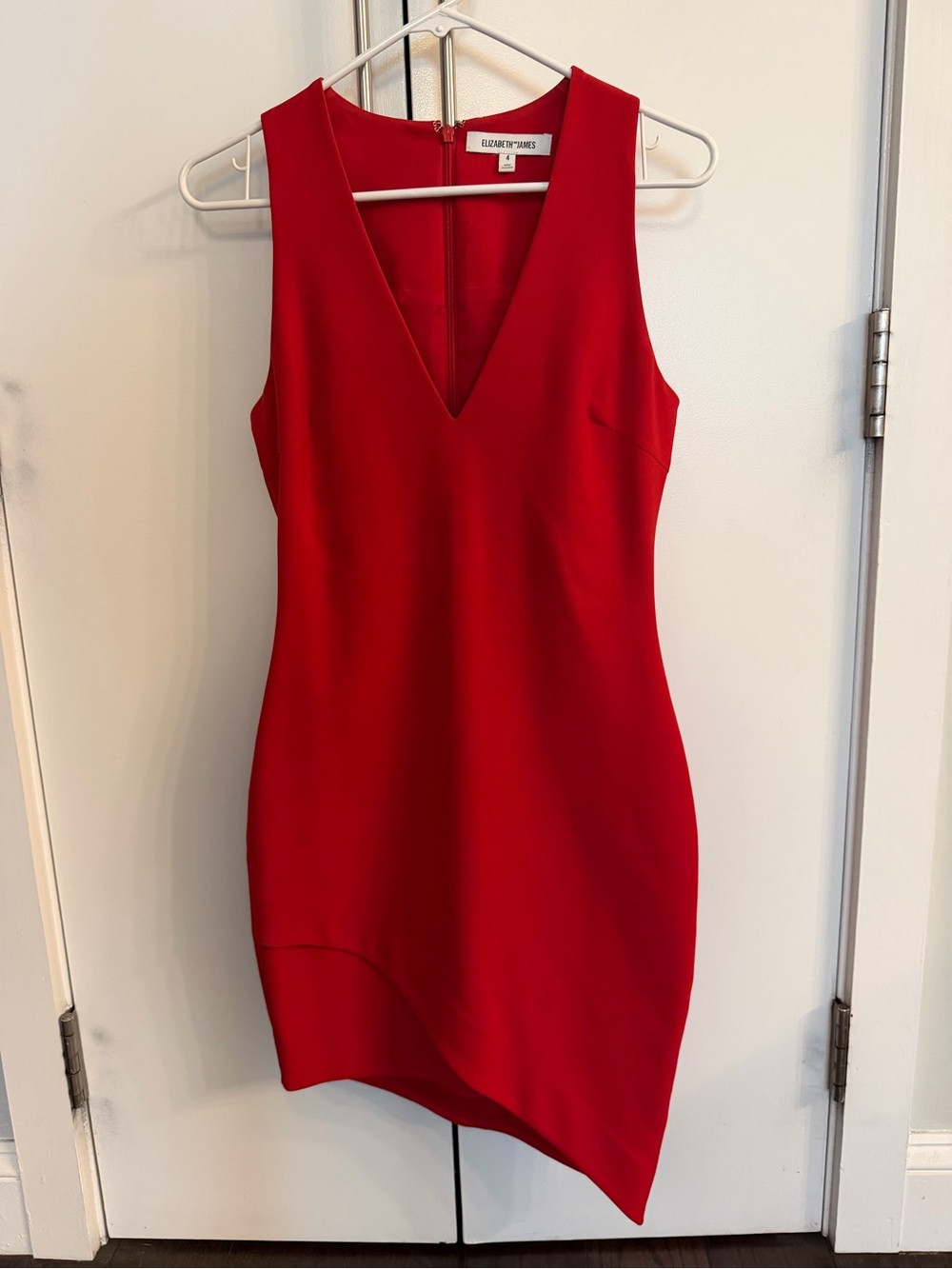Elizabeth and James Red Asymmetrical V-Neck Sheath Dress